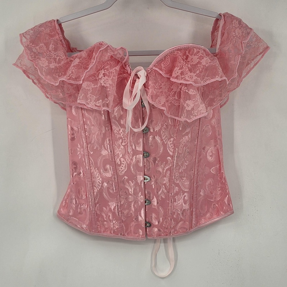 Womens‎ Pink Floral Lace Ruffle Corset Top Satin Overbust Medium Boned Bustier